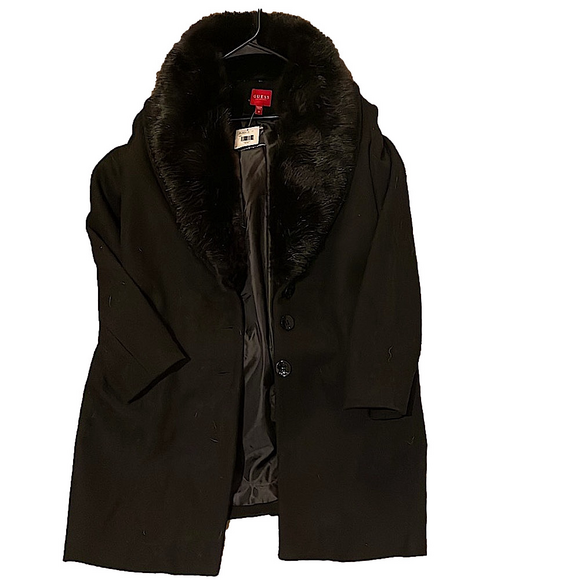 GUESS Los Angeles Black Duster Coat with Removable Faux Fur Collar, Medium, NWT - Picture 3 of 8